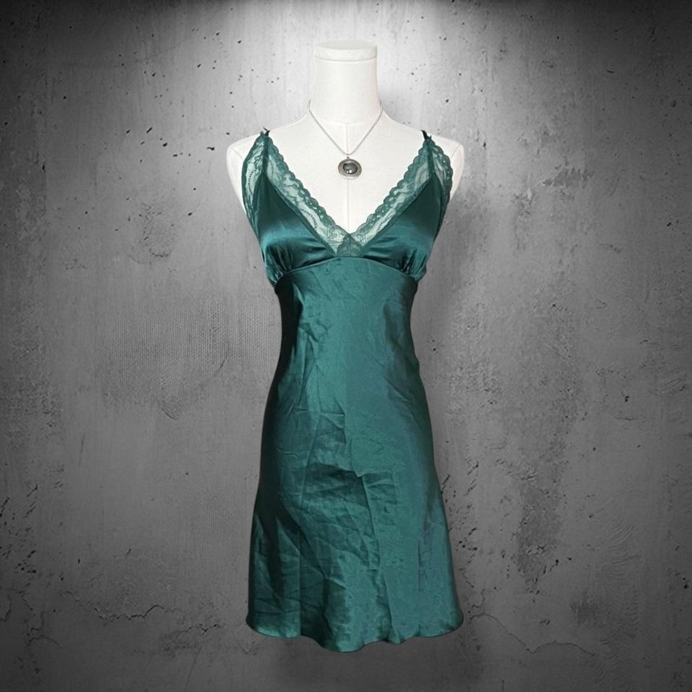 Emerald Forest Green Satin Lace Trim Slip Dress